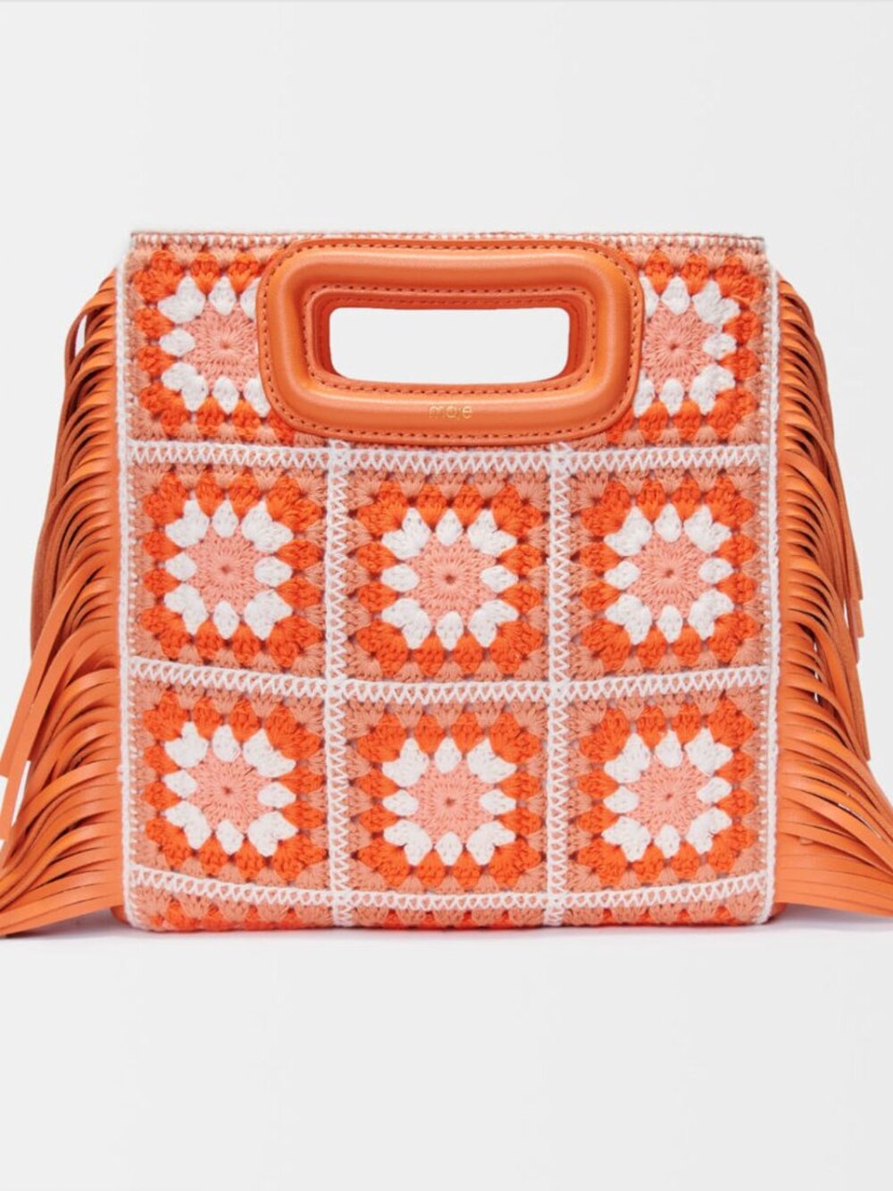 NWT Maje M Bag with Fringed Sides Crochet Orange Leather Shoulder Bag Brand-New
